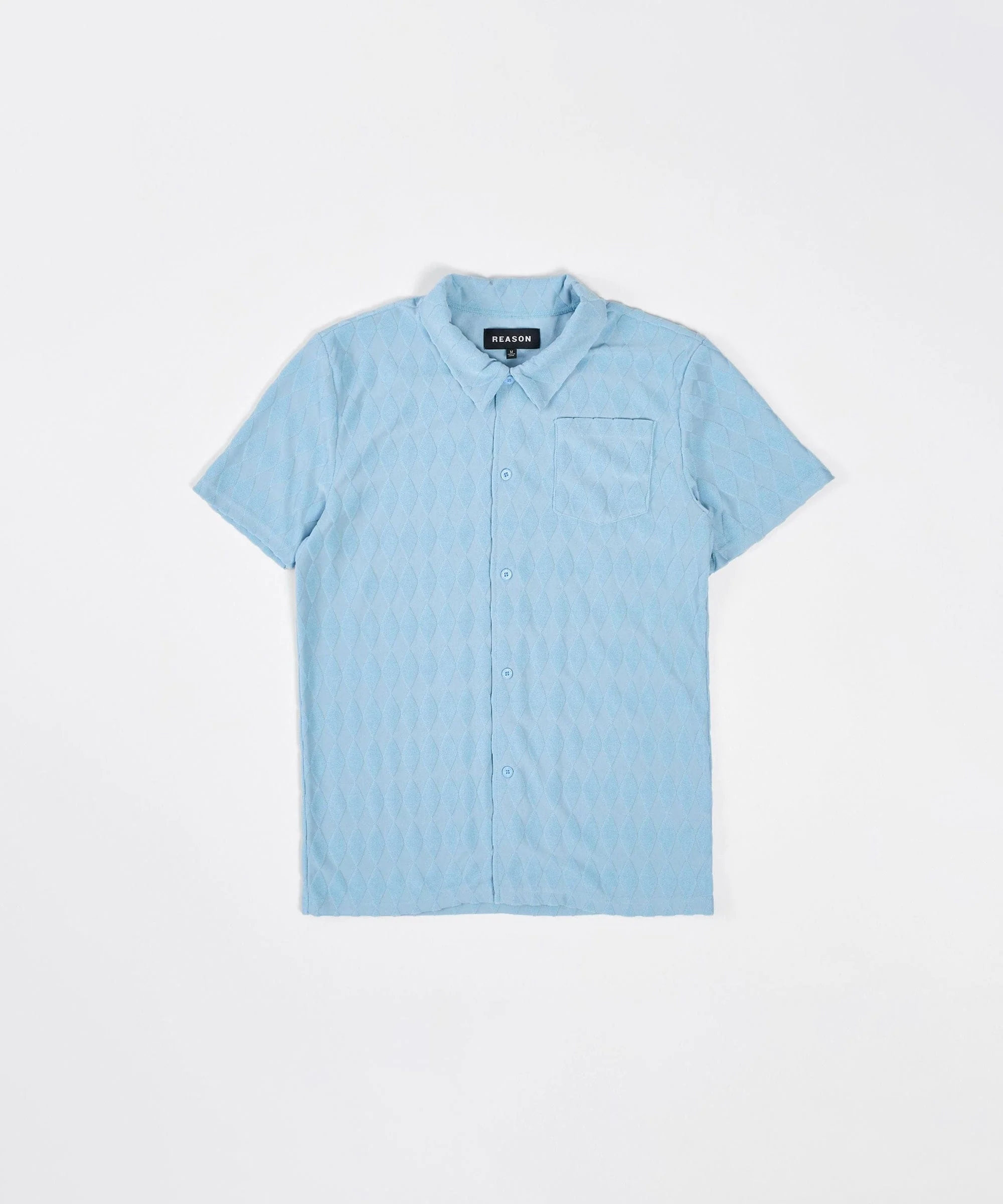 Diamond Plate Towel Color Blocked Short Sleeve Button Down Shirt - Light Blue