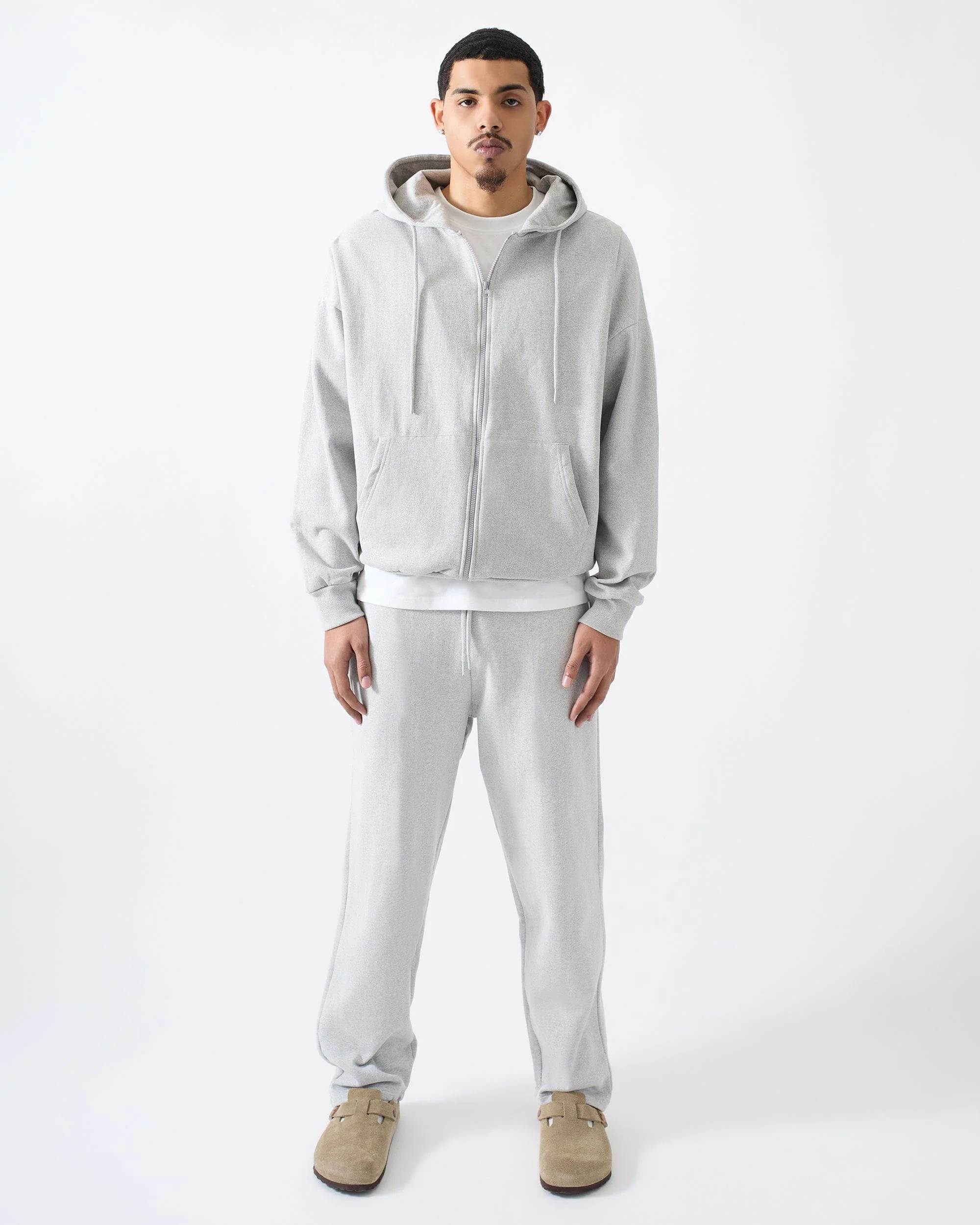 Essential Heavyweight Fleece Baggy Fit Comfy Zip Up Hoodie - Heather Grey - Image 2
