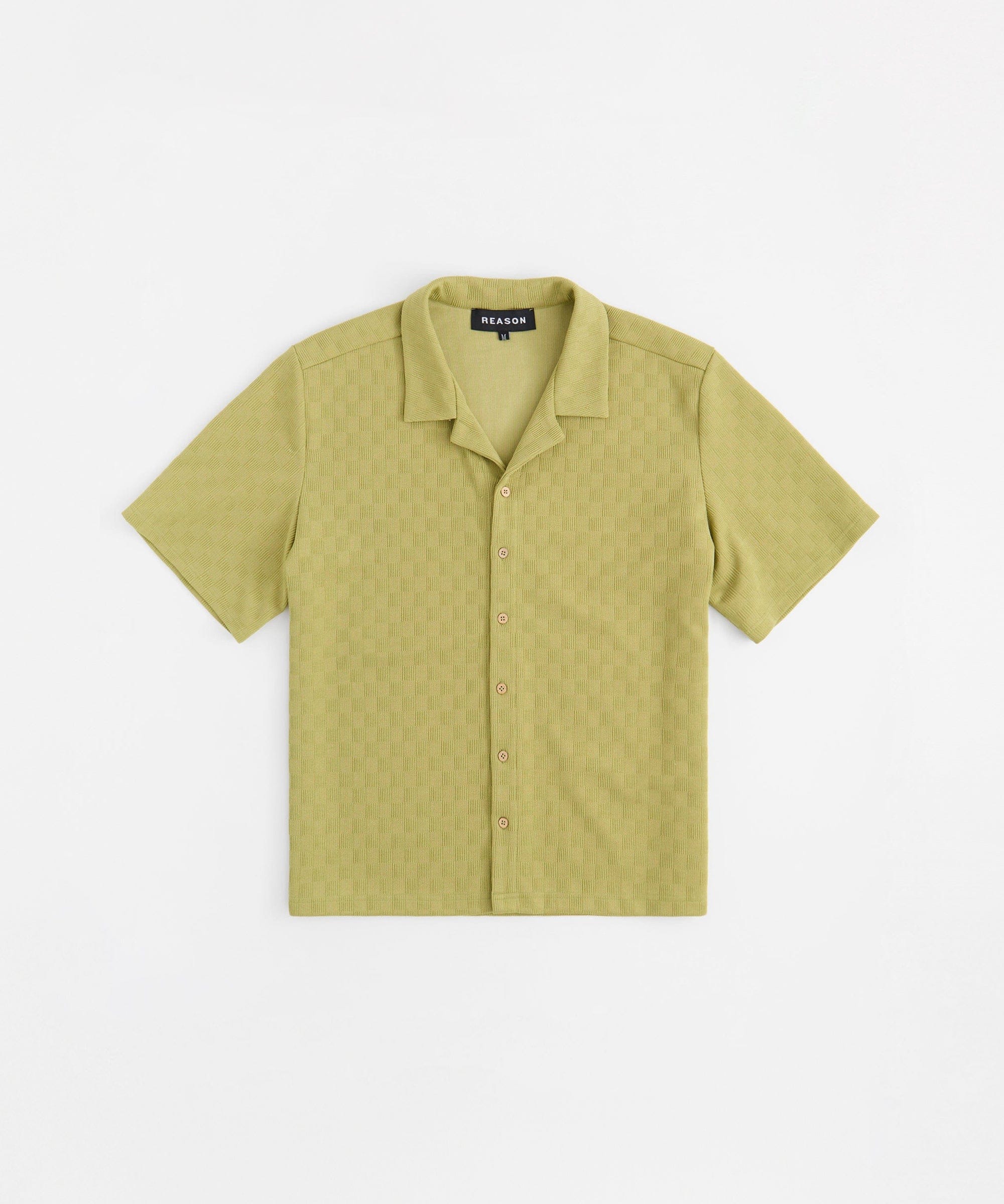 Jacquard Textured Knit Short Sleeve Button Down Shirt - Olive Green