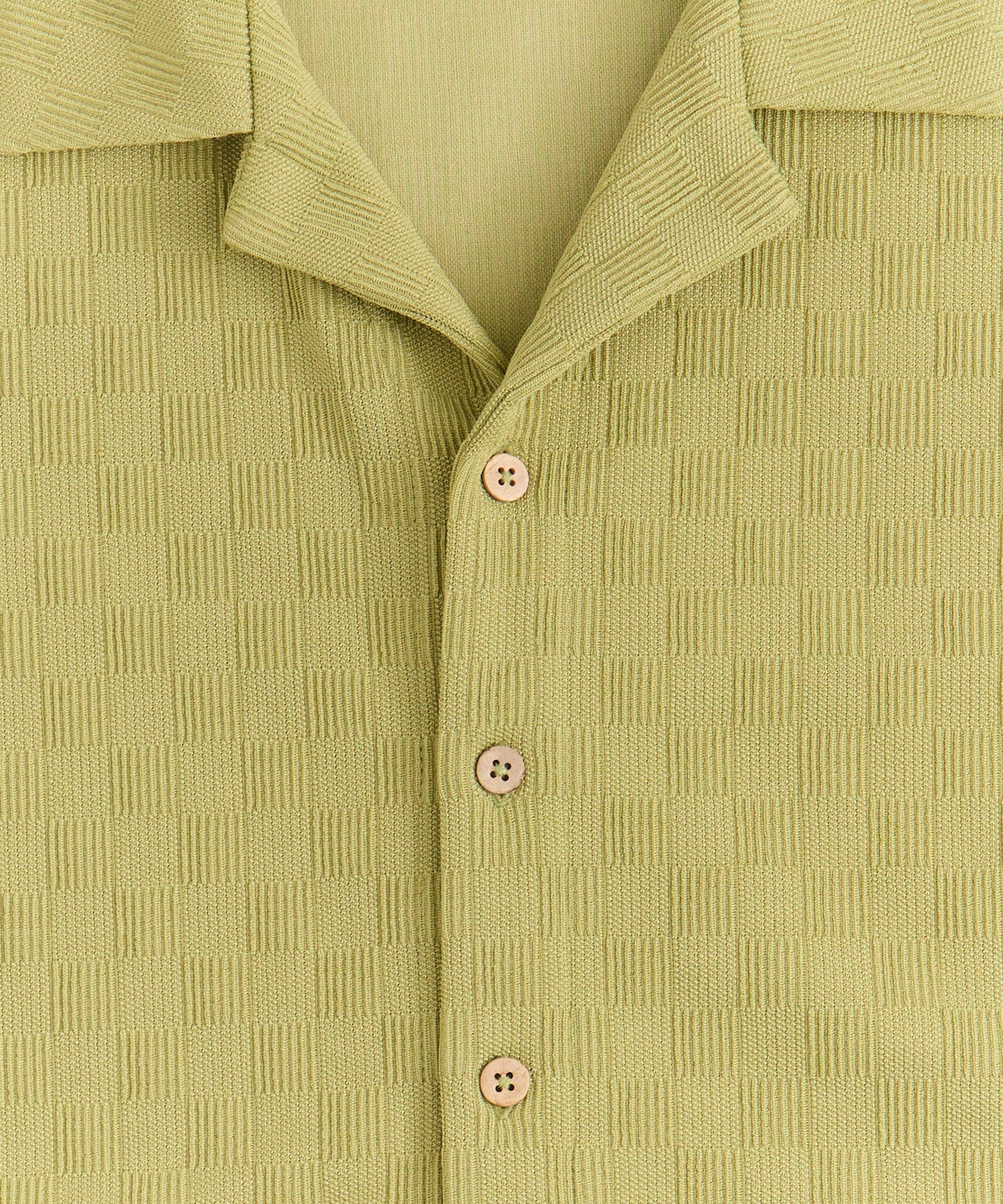 Jacquard Textured Knit Short Sleeve Button Down Shirt - Olive Green - Image 2
