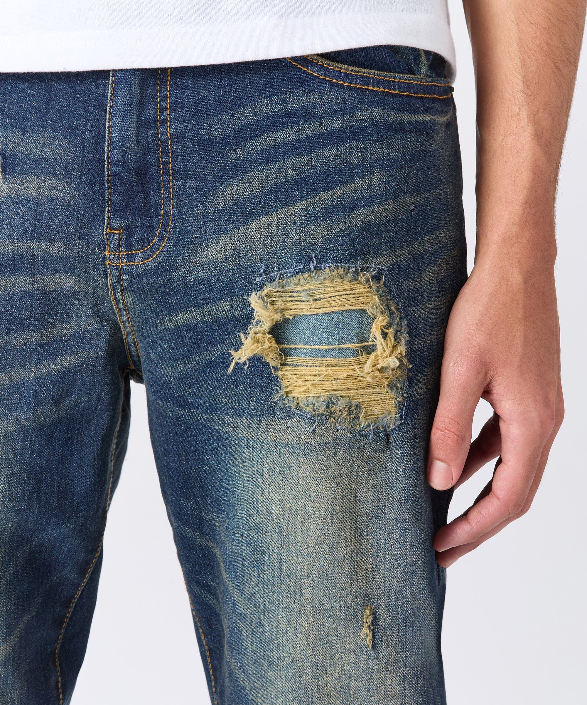 Indigo Washed Tint Rip And Repair Denim Pants - Dark Blue - Image 2