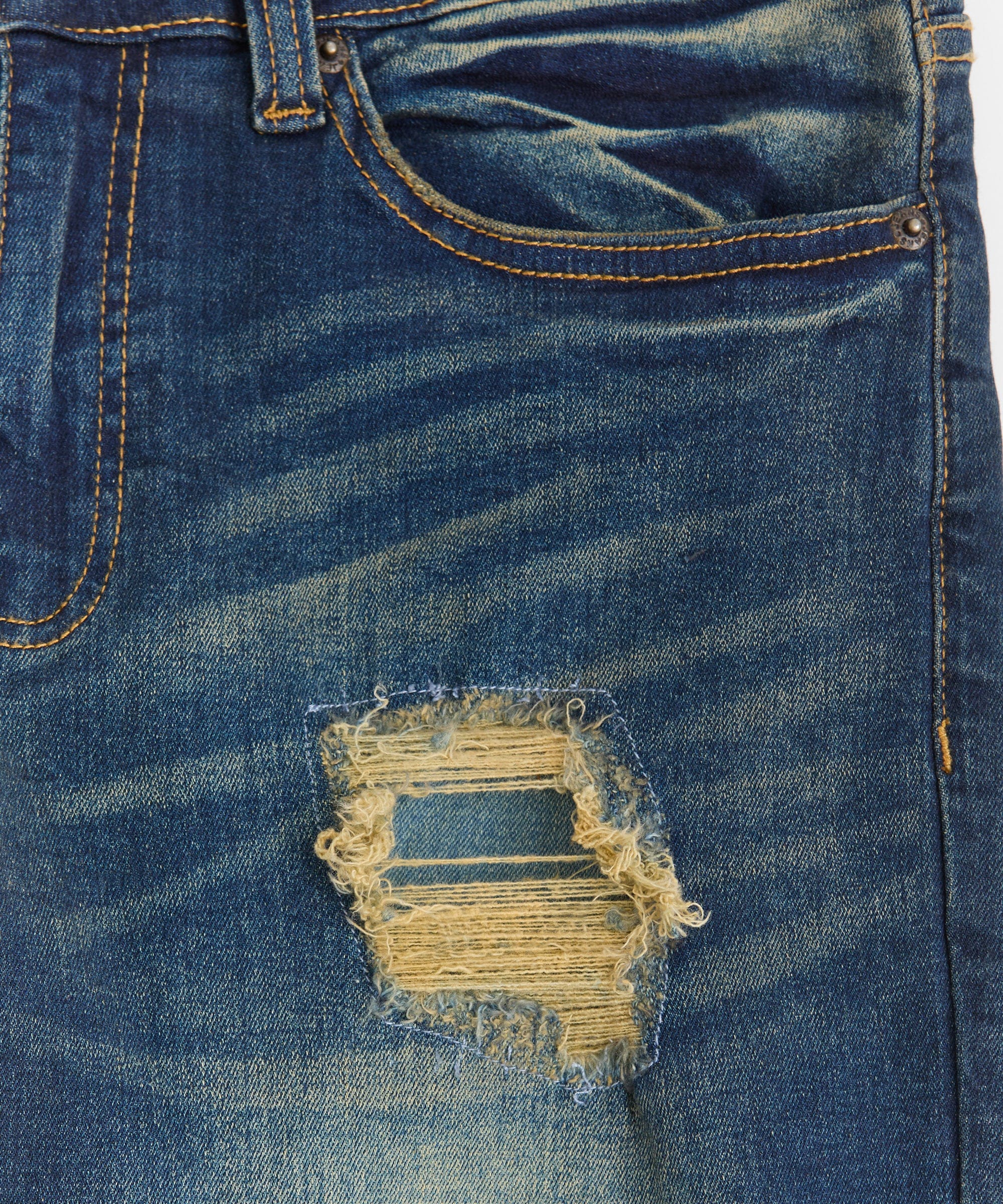 Indigo Washed Tint Rip And Repair Denim Pants - Dark Blue - Image 4