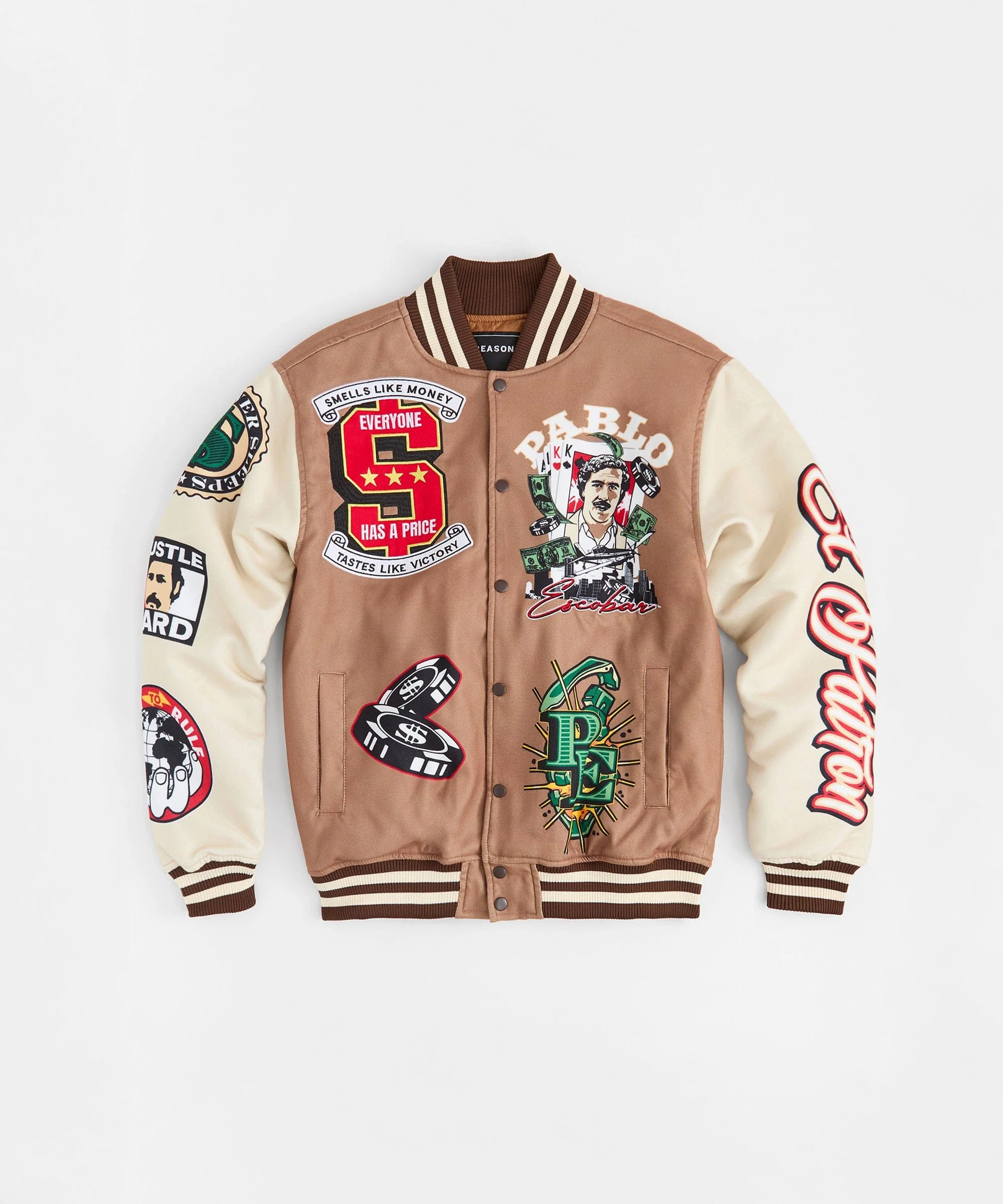 Pablo Escobar Embroidered Varsity Jacket - Khaki