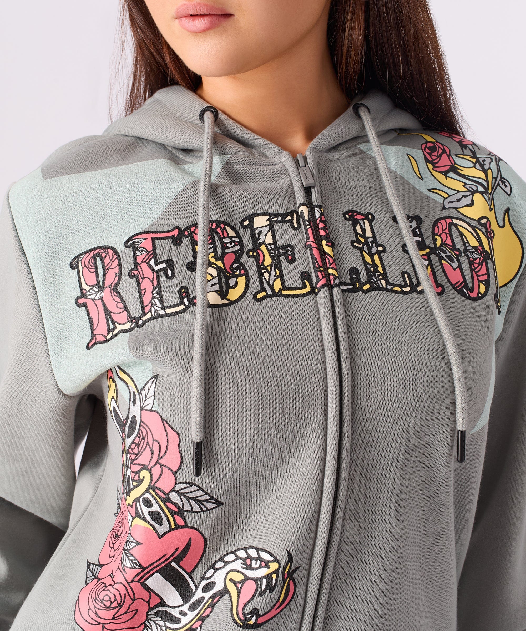Plus Size Women Rebellion Cropped Zip Up Hoodie - Grey - Image 6