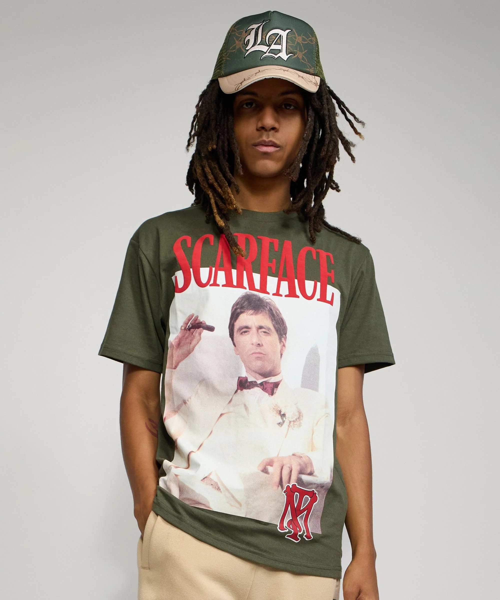 Scarface White Suit Short Sleeve Tee - Olive Green - Image 2