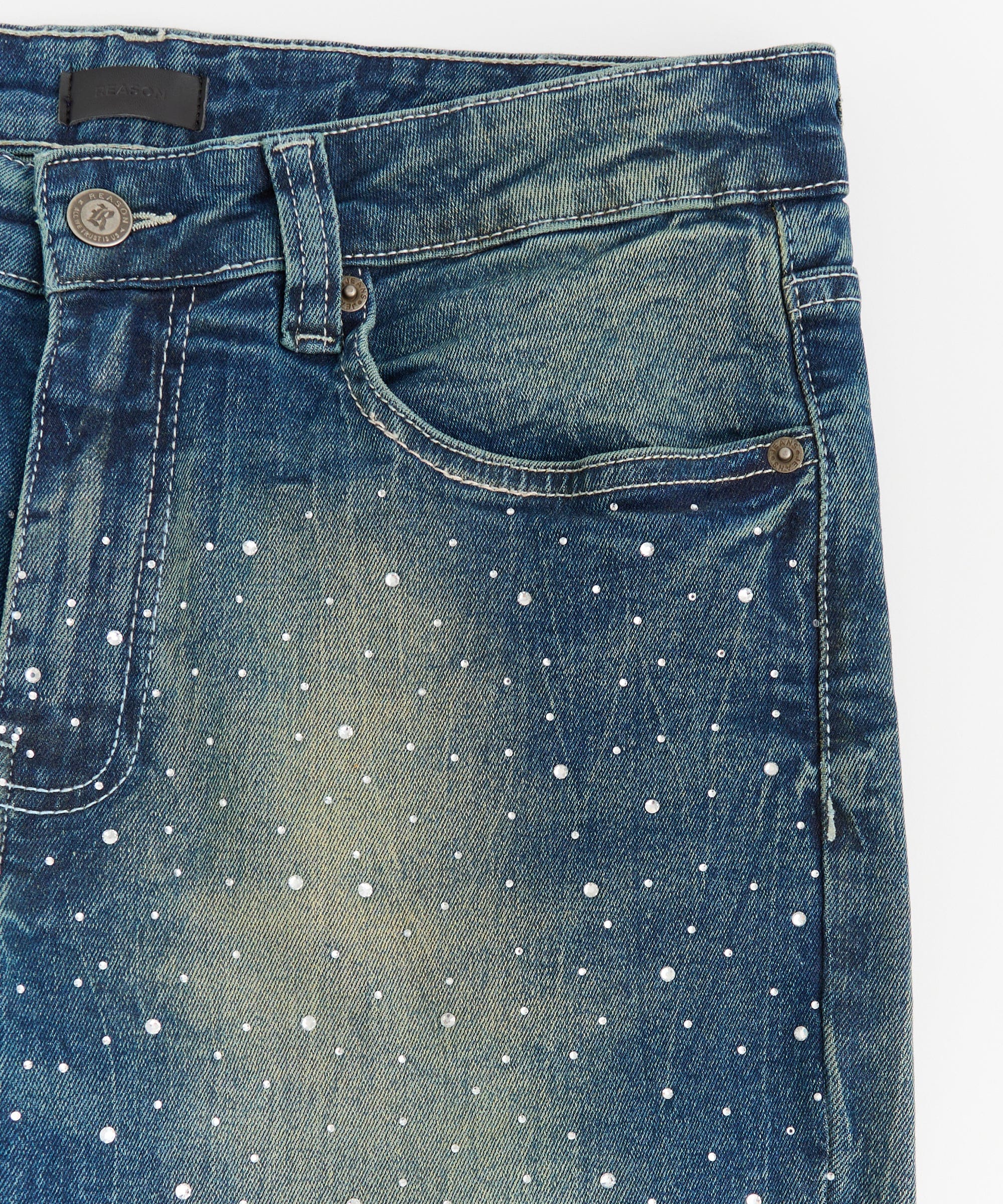 Stoned Out Rhinestone Denim Jeans - Dark Blue - Image 3