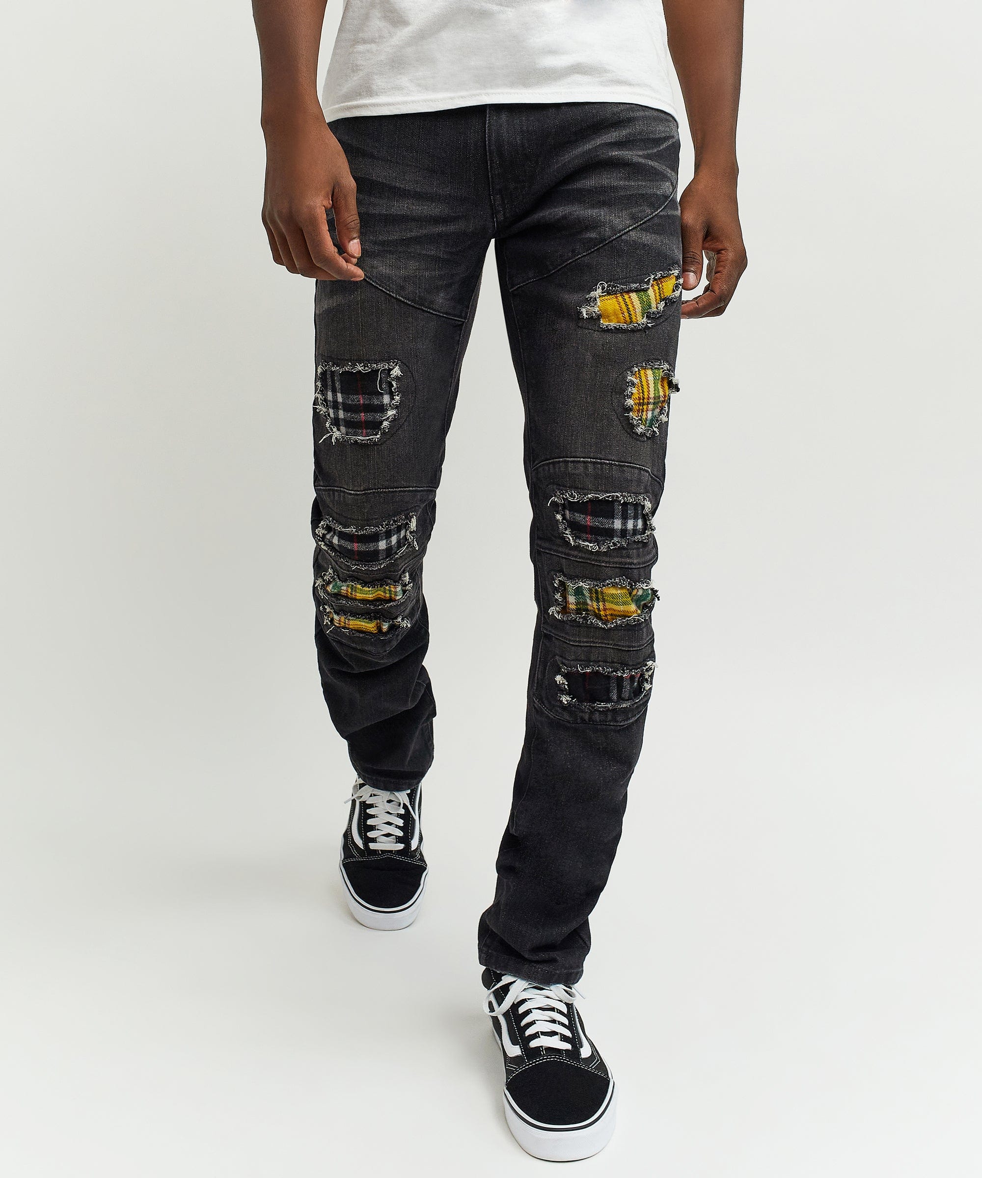 Terrance Flannel Patched Grey Wash Denim Jeans - Image 2