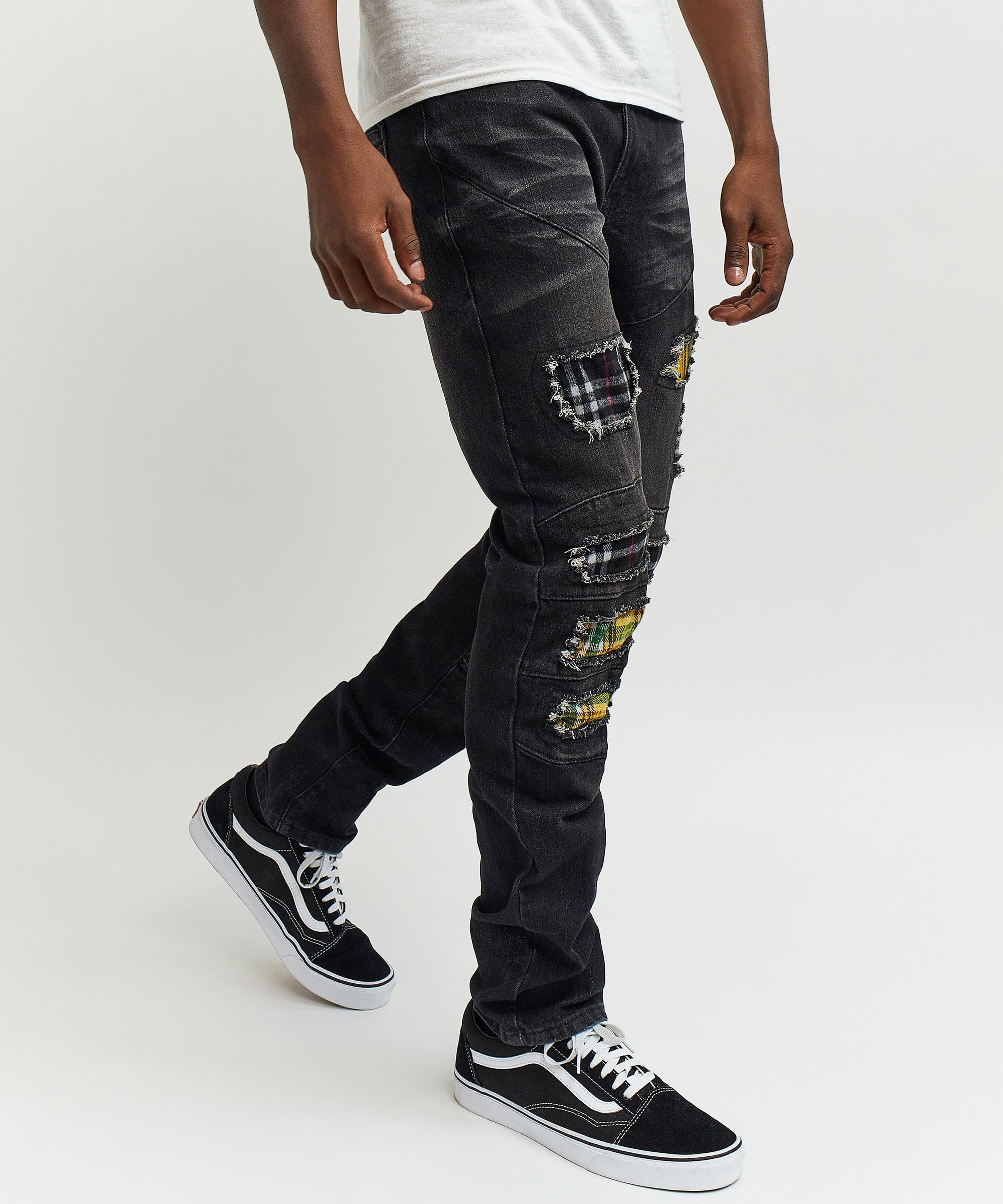 Terrance Flannel Patched Grey Wash Denim Jeans - Image 7