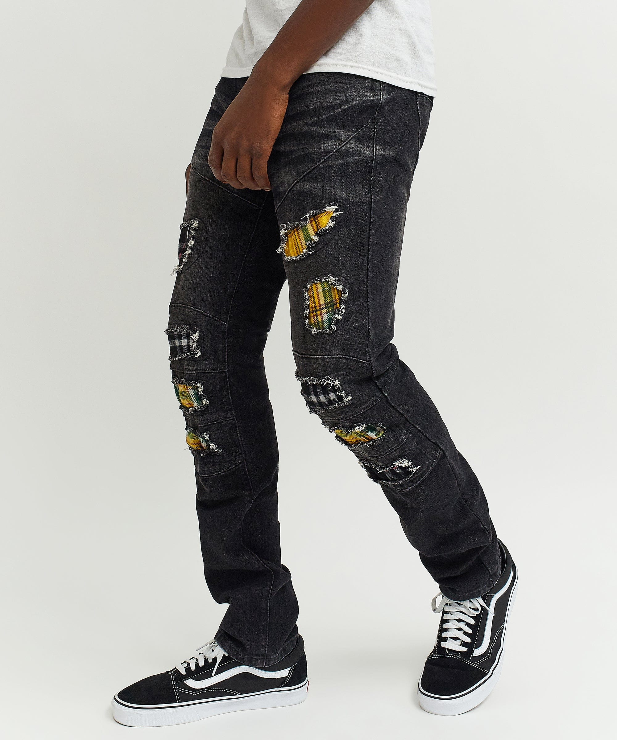Terrance Flannel Patched Grey Wash Denim Jeans - Image 8