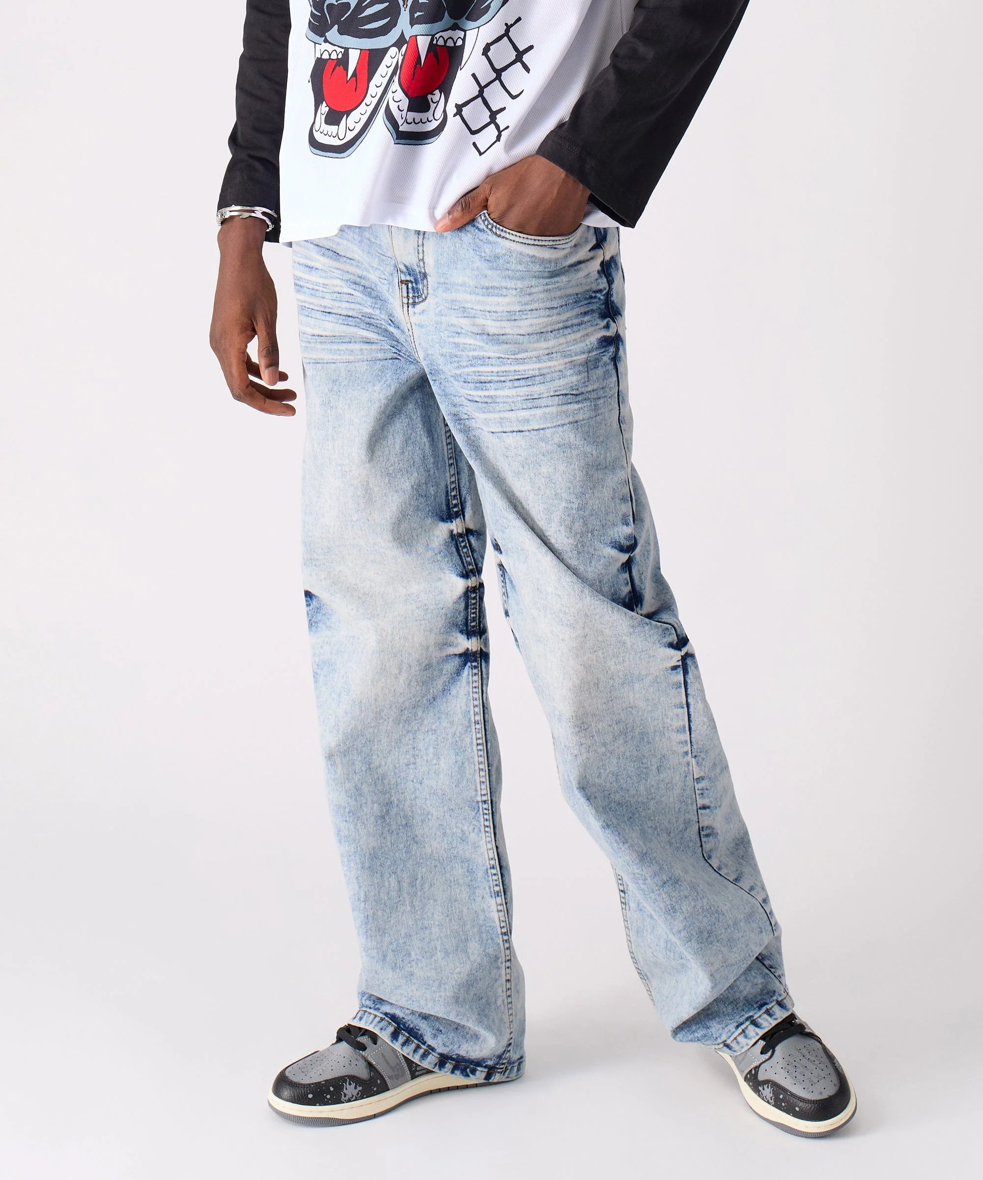 Washed Fleur Baggy Fit Denim Pant - Blue - Image 7