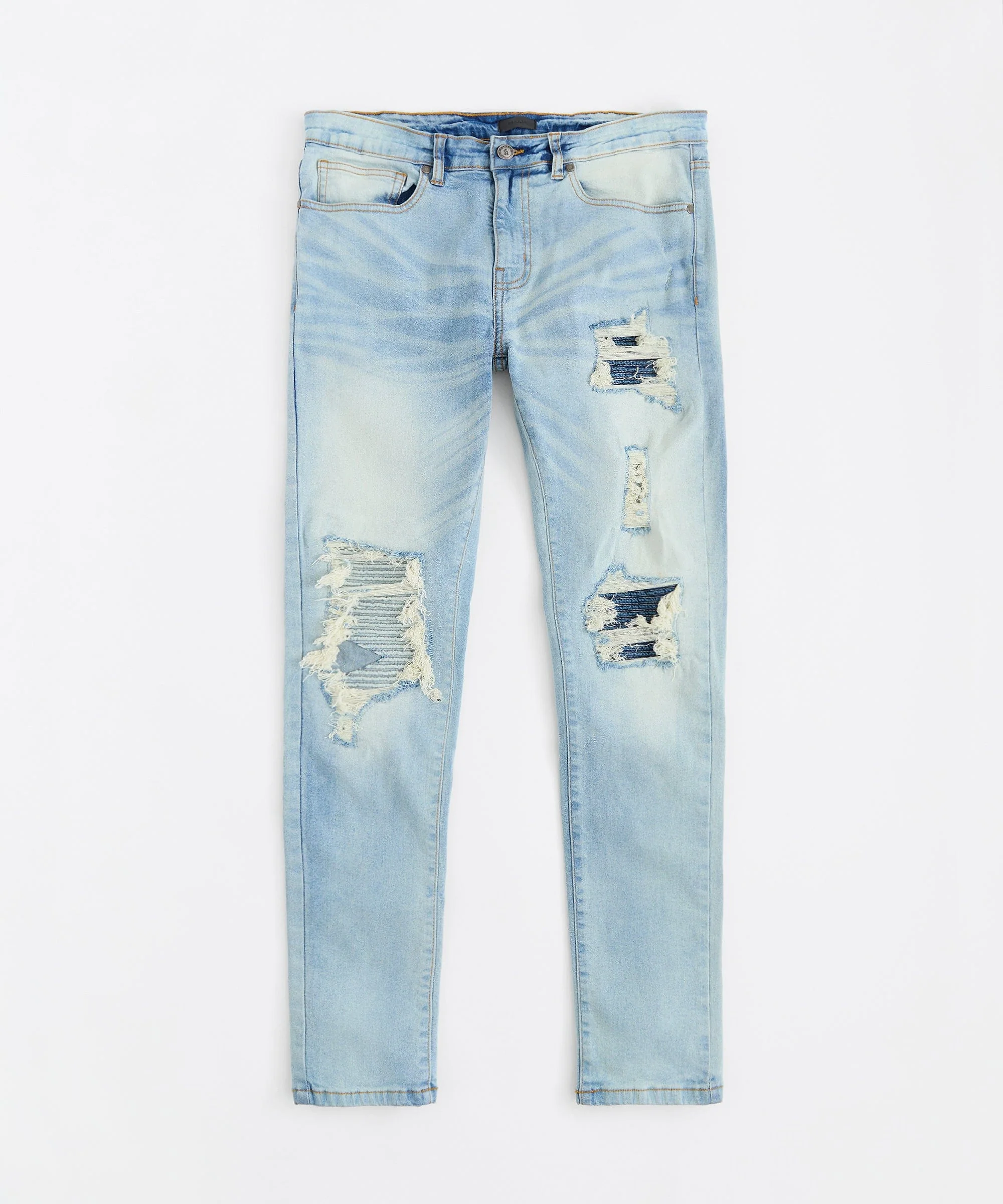 Washed Rip And Repair Denim Jeans - Light Indigo