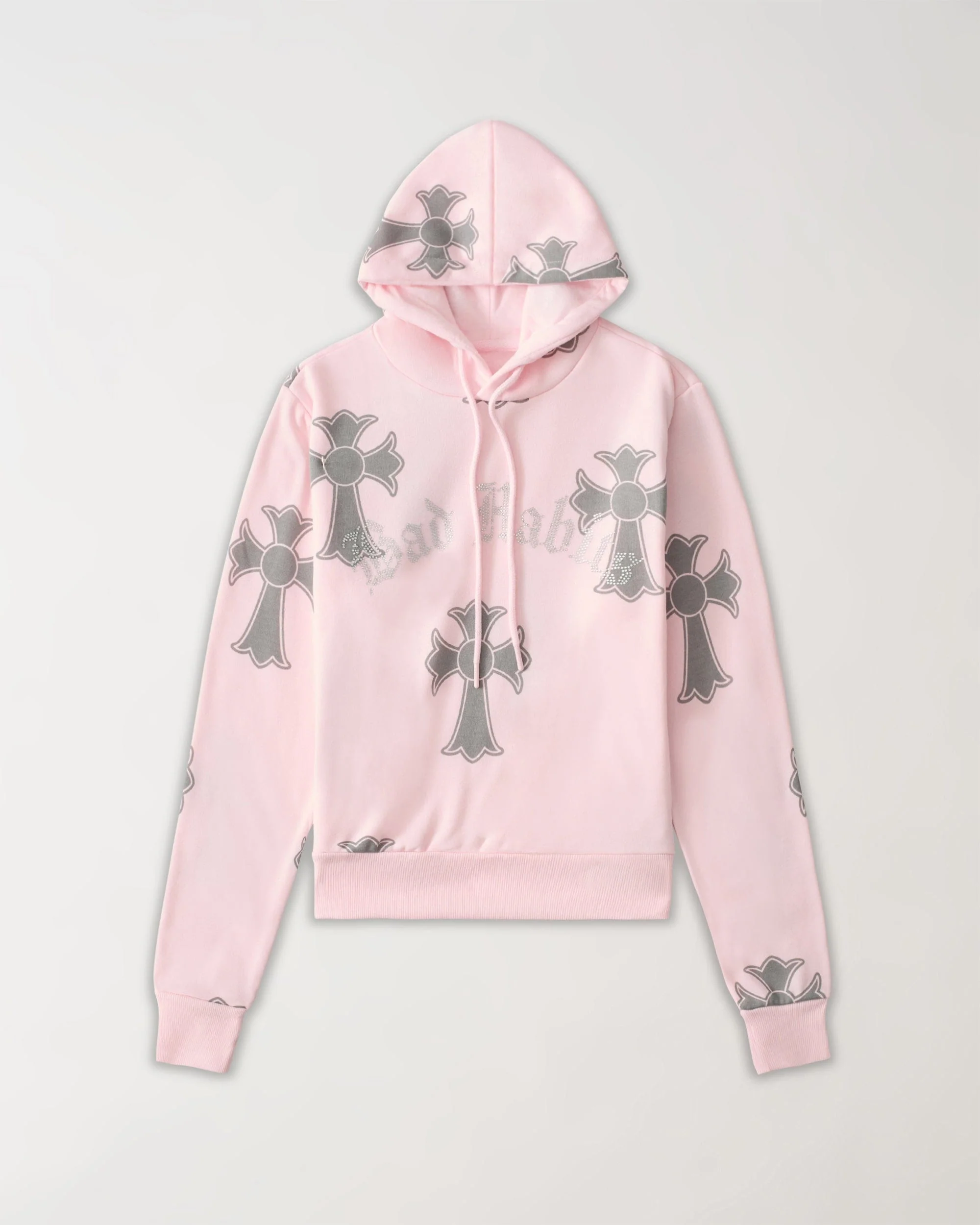 Women Bad Habits Rhinestones Cropped Hoodie - Pink