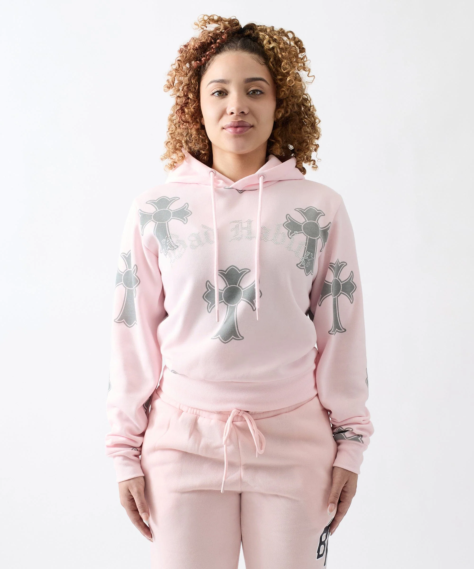 Women Bad Habits Rhinestones Cropped Hoodie - Pink - Image 2