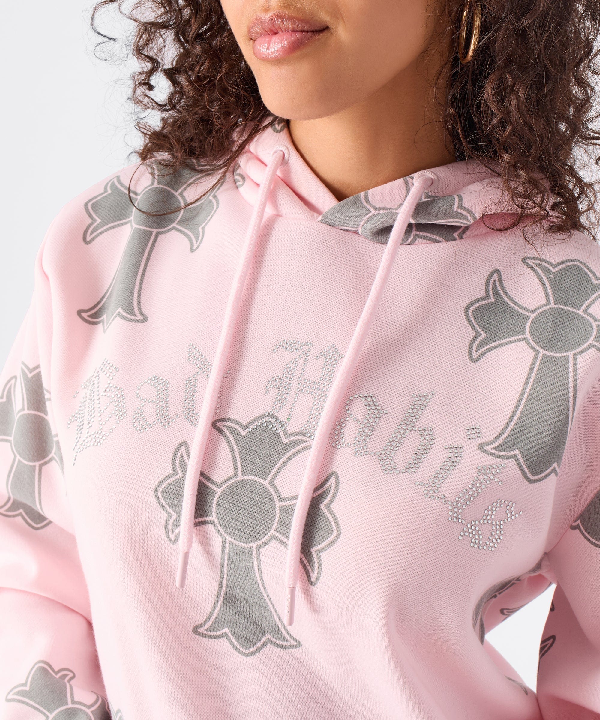 Women Bad Habits Rhinestones Cropped Hoodie - Pink - Image 6