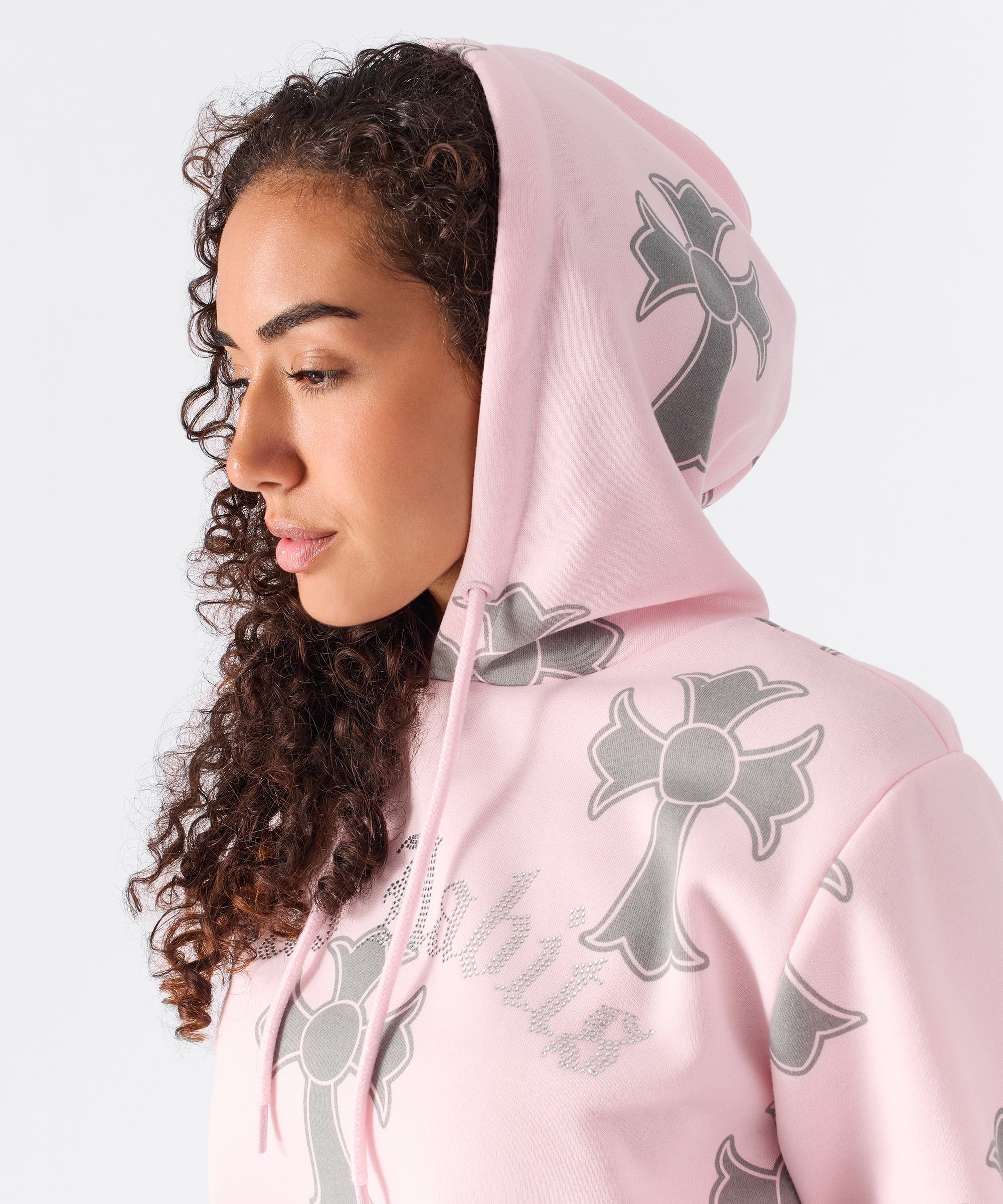 Women Bad Habits Rhinestones Cropped Hoodie - Pink - Image 7