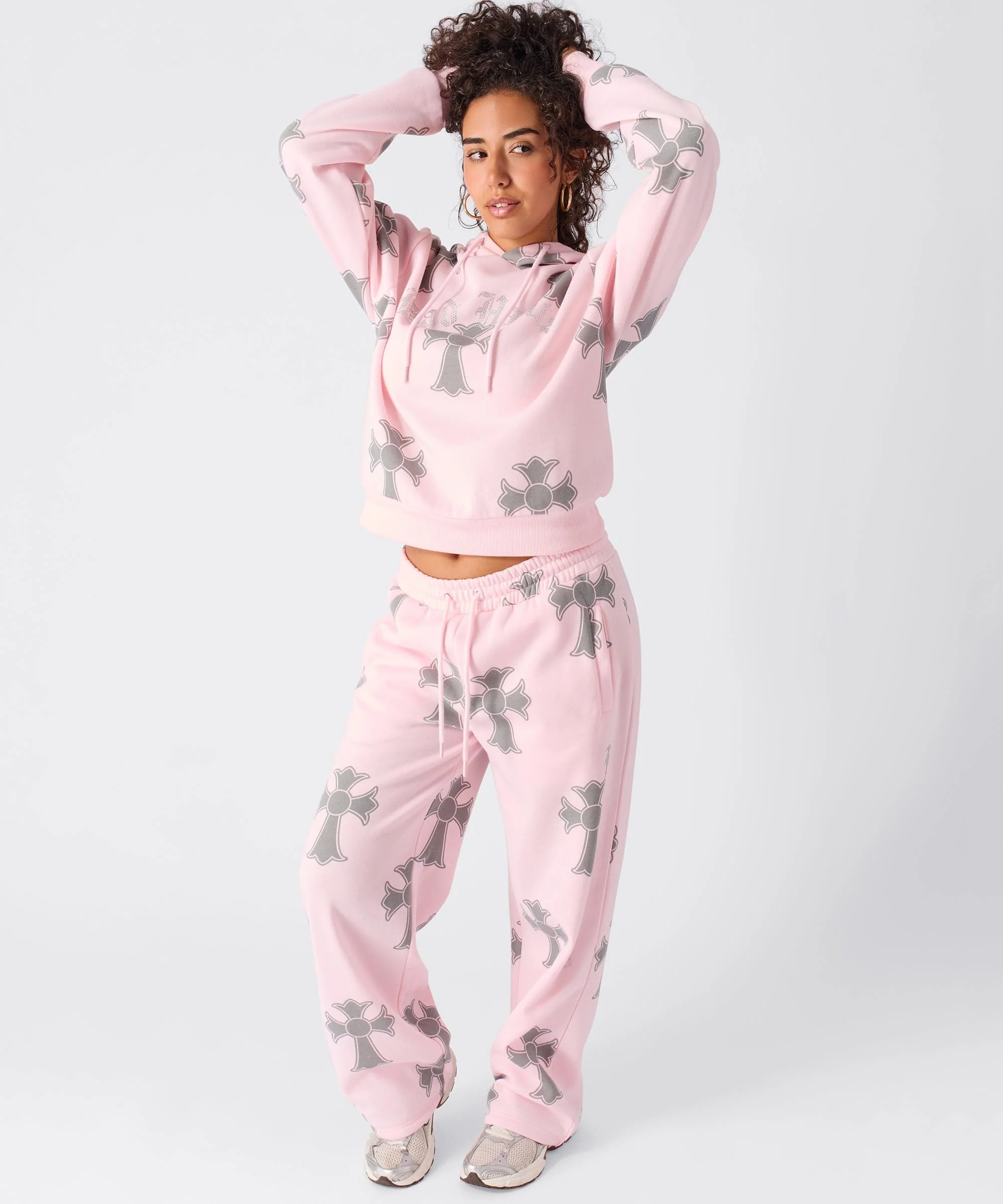 Women Bad Habits Rhinestones Cropped Hoodie - Pink - Image 9