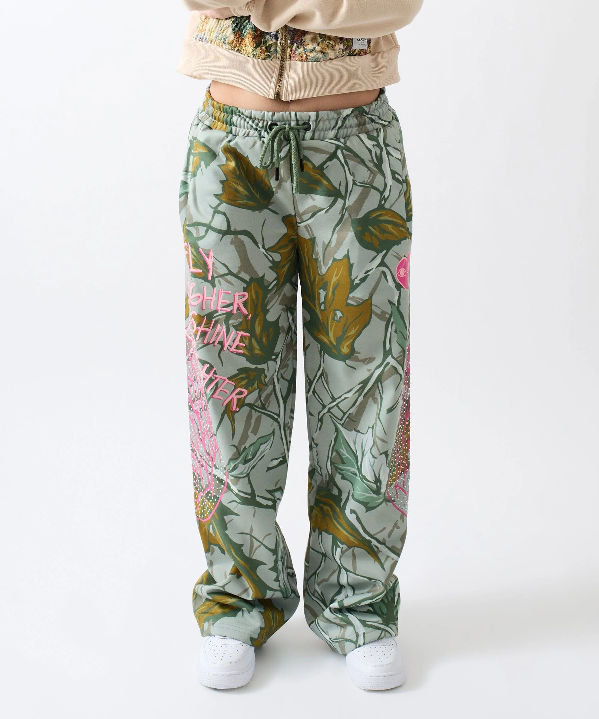 Women Fly High Rhinestone Fleece Pants - Olive Green
