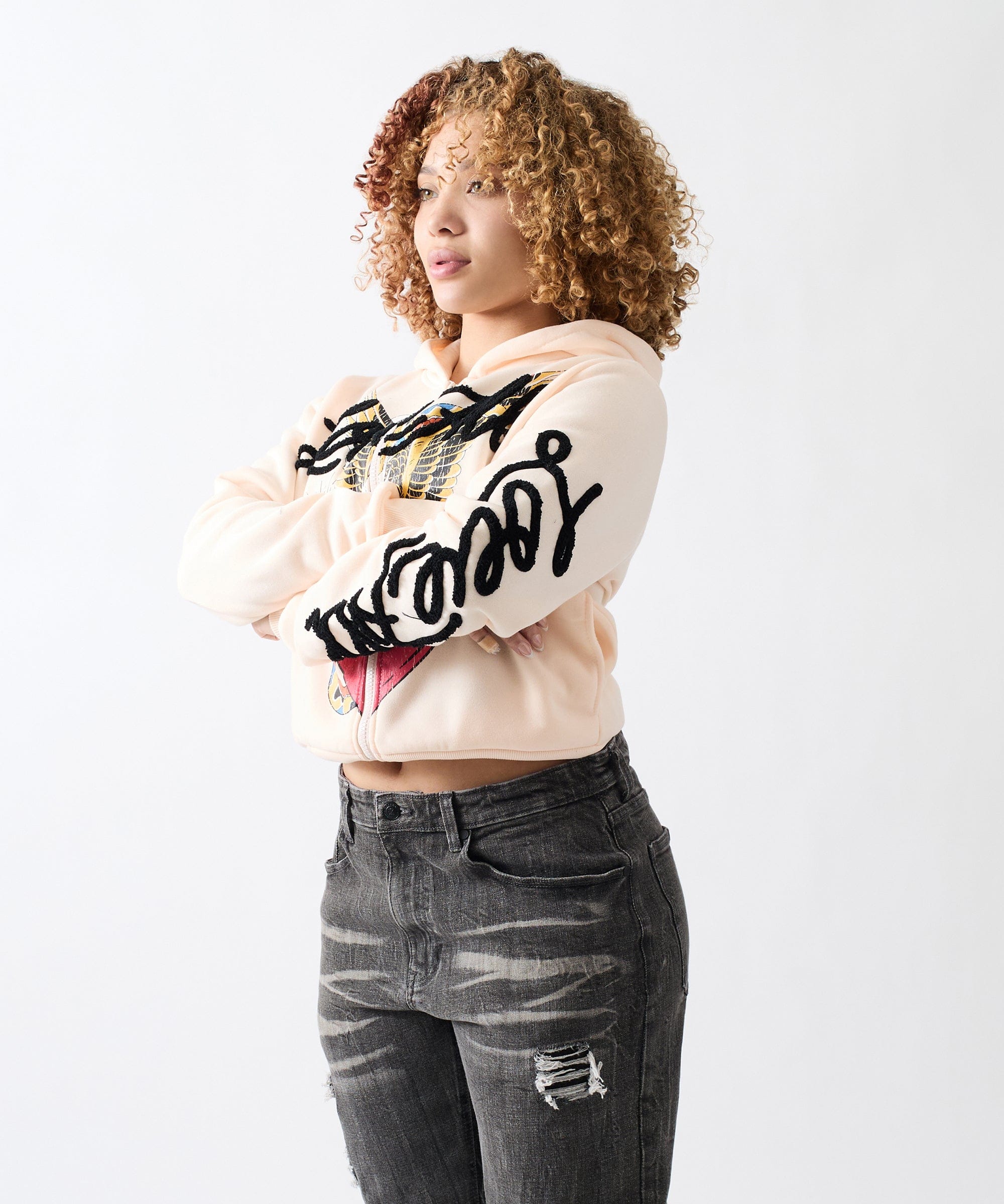 Women Love All Embroidered Cropped Hoodie - Pink - Image 3